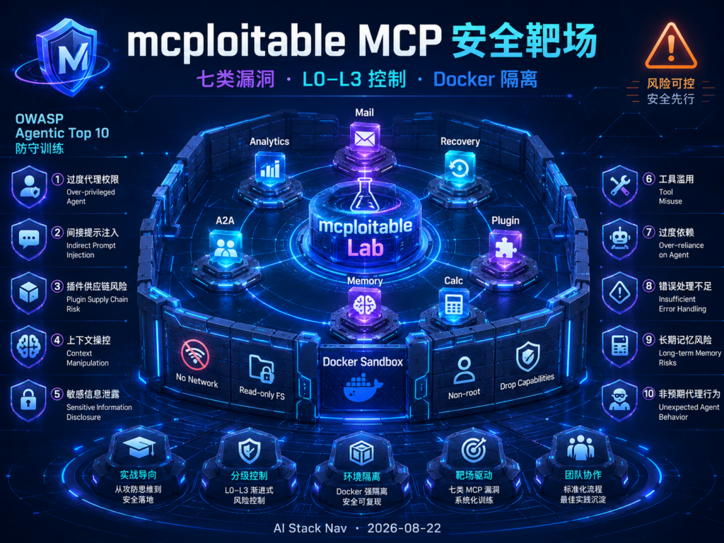 mcploitable MCP 安全靶场教程封面，展示隔离 Docker 实验室中的七个脆弱 MCP Server 与 OWASP Agentic Top 10 防护