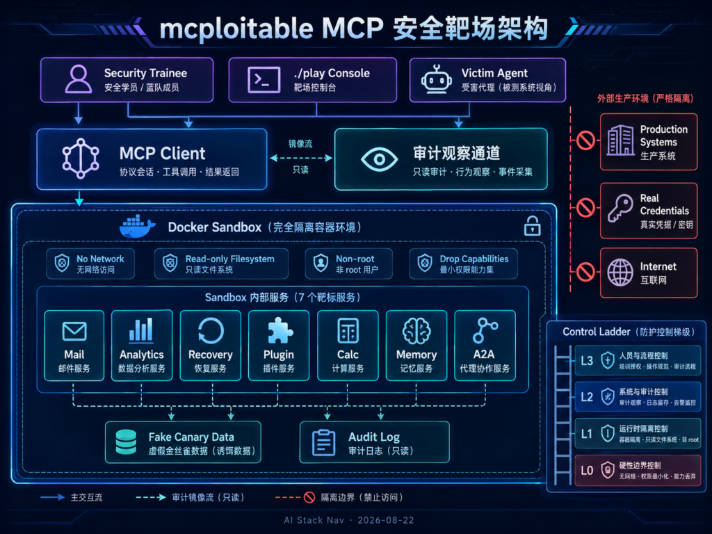 mcploitable MCP 安全靶场技术架构图，展示隔离 Docker 网络中的七个故意脆弱 MCP Server、测试 Agent、play 控制台、canary 数据和外部安全边界