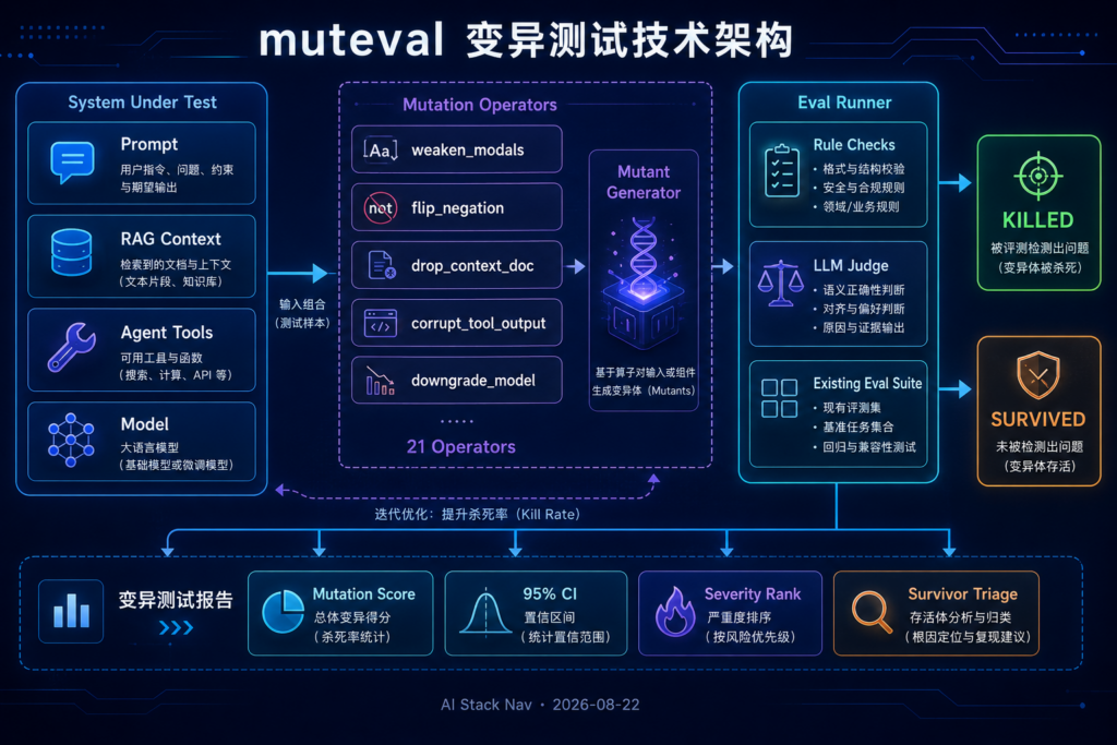 muteval LLM Eval 变异测试技术架构图，展示 Prompt、RAG Context、Agent Tools 和 Model 经 21 类变异算子生成 mutants，再由 Eval Runner 与 Judge 判定 killed 或 survived