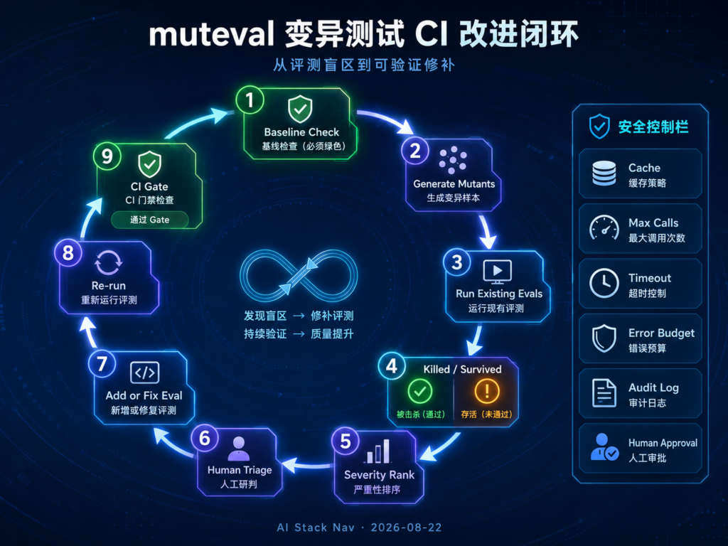 muteval LLM Eval 变异测试 CI 工作流图，展示绿色 baseline、生成 mutants、运行评测、判定 killed 或 survived、人工分诊、修补 Eval 和部署闸门