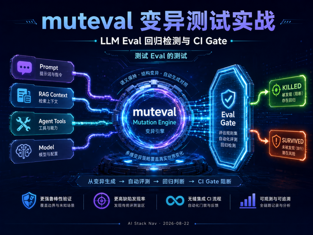 muteval 变异测试实战教程封面，展示 Prompt、RAG、Agent 工具和模型变异进入 LLM Eval 并产生 killed 与 survived 结果
