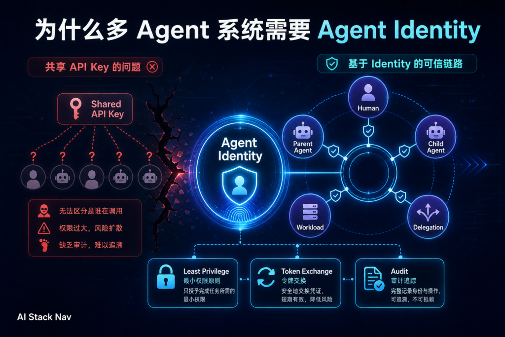 多 Agent 系统 Agent Identity 教程封面，展示身份、委托、工作负载与企业安全核心关系