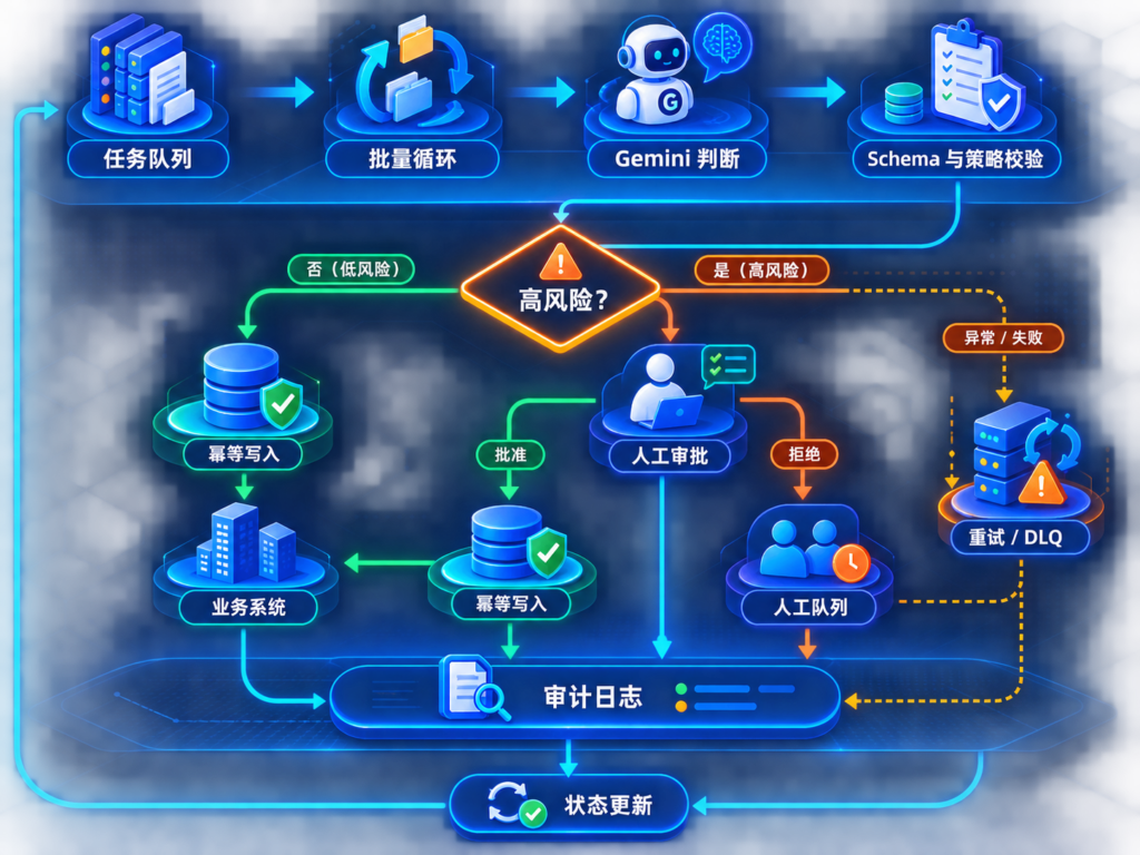 Gemini 3.7 Flash 与 n8n 企业批量 Agent 执行流程，展示任务队列、模型判断、校验、人工审批、业务写回和审计闭环
