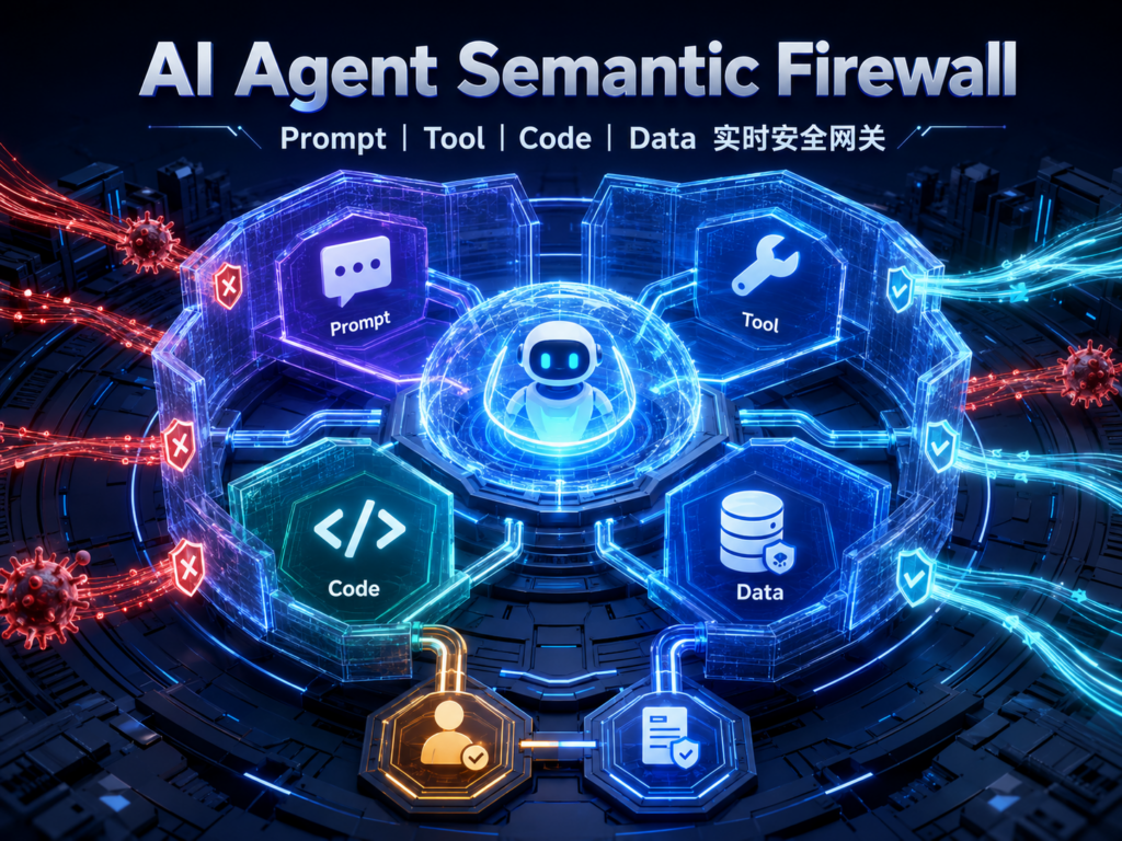 AI Agent Semantic Firewall完整项目封面，展示Prompt、Tool、Code、Data四层实时安全网关