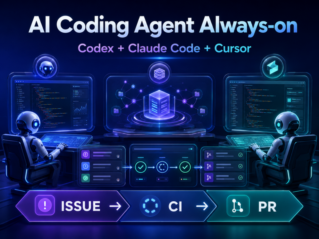 AI Coding Agent Always-on 工作流封面，展示 Codex、Claude Code 与 Cursor 持续处理 Issue、CI 和 PR