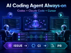 AI Coding Agent Always-on 工作流封面，展示 Codex、Claude Code 与 Cursor 持续处理 Issue、CI 和 PR