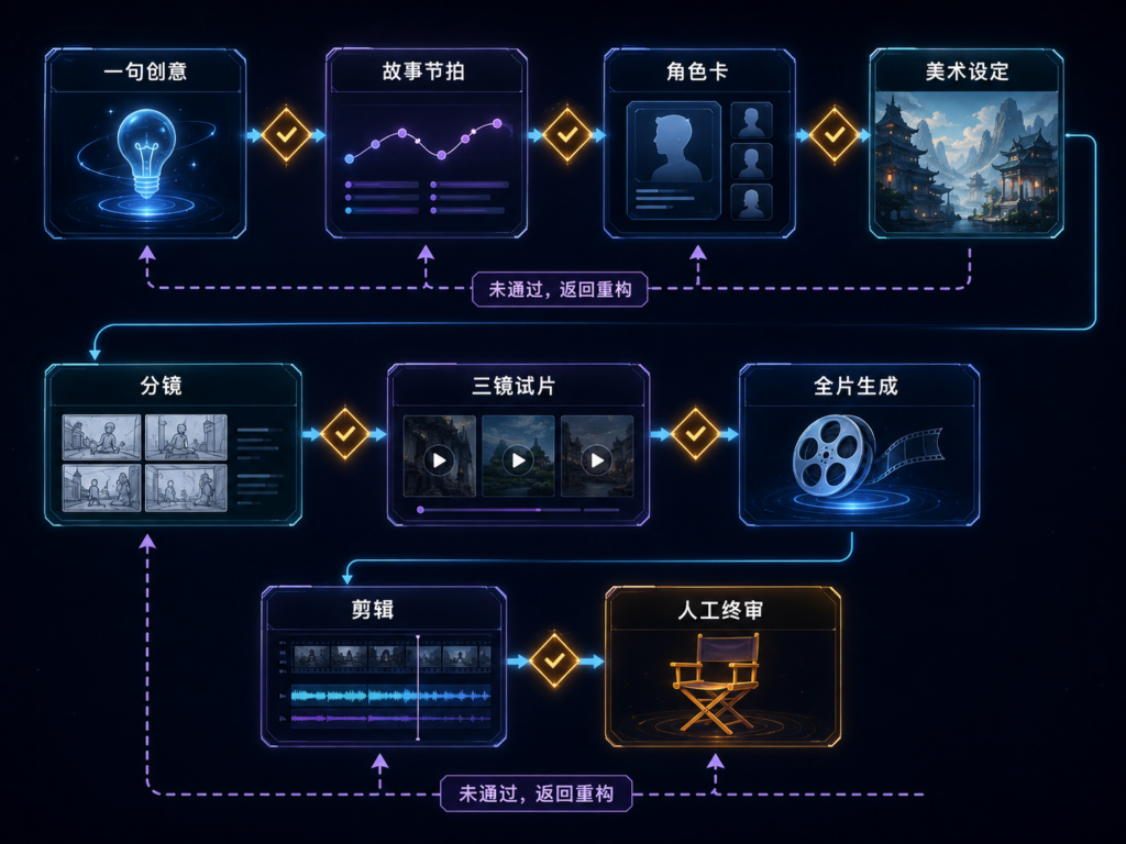 千问创作Agent Teams从一句创意到AI短剧成片的阶段化工作流，包含剧本角色分镜试片生成剪辑人工审批和返工回路