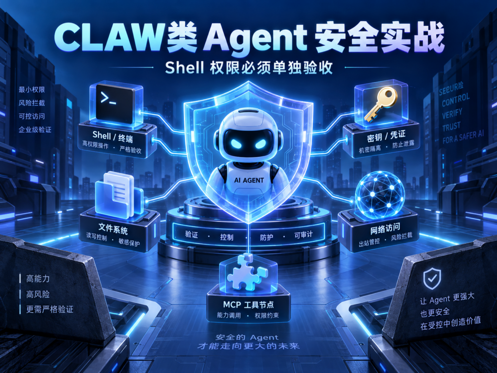 CLAW 类 Agent 连接 Shell、文件、密钥、网络与 MCP 工具并受到安全盾牌保护的课程封面