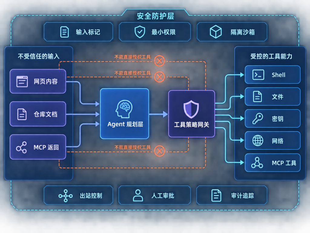 CLAW类Agent从不可信输入到Shell、文件、密钥、网络和MCP工具的攻击面与防护分层架构图