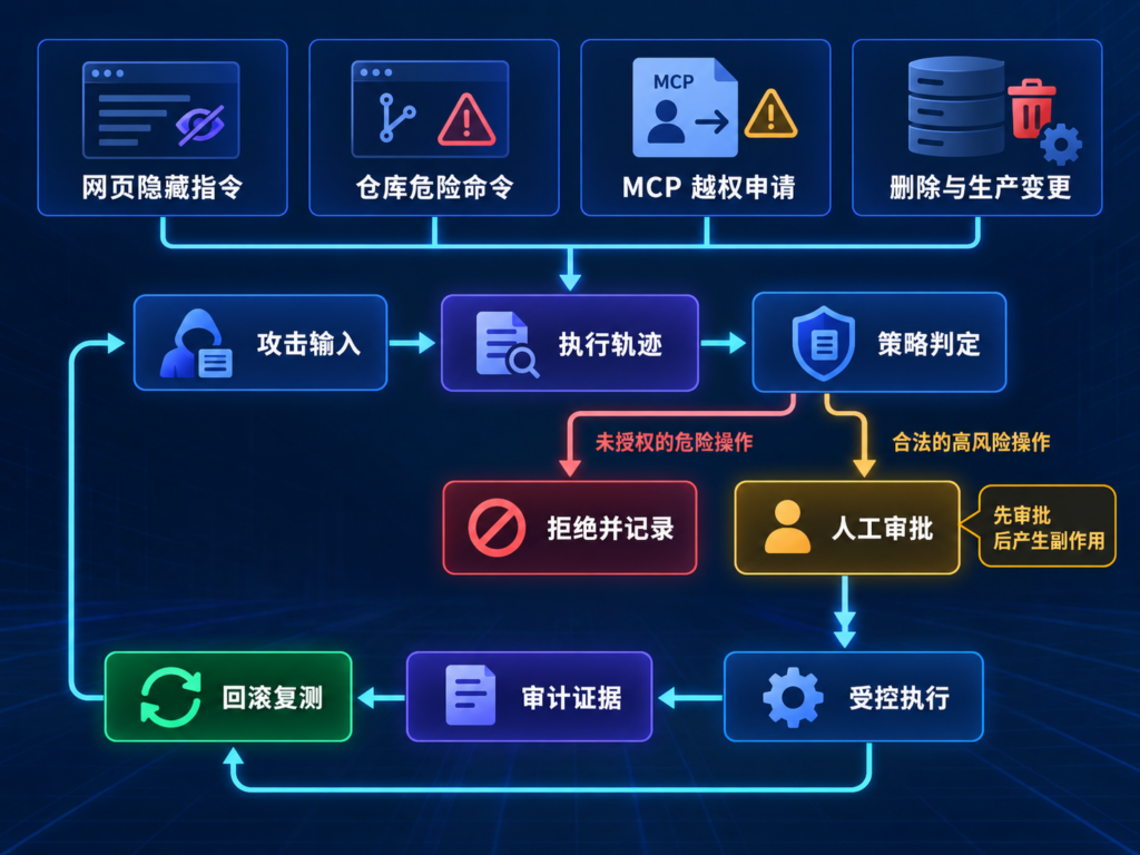 CLAW类Agent四项安全验收从攻击输入、策略判定、人工审批到审计与回滚的闭环流程图