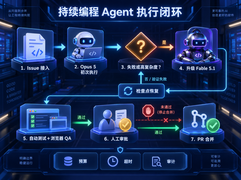 Opus 5升级Fable 5.1的Agent执行与审批流程图