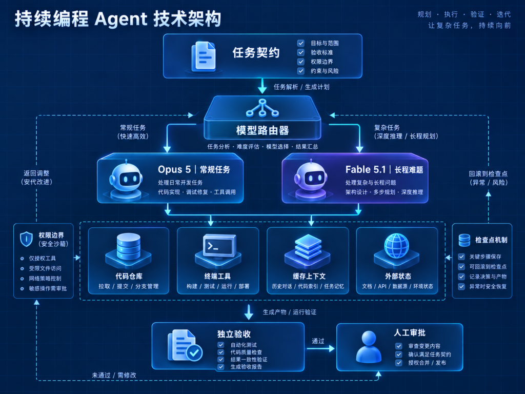 Fable 5.1与Opus 5持续编程Agent架构对比图
