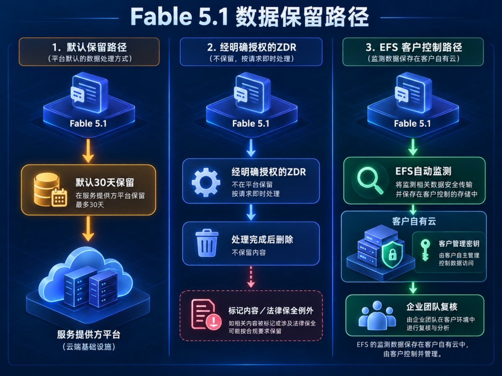 深蓝、蓝紫和青蓝科技课程海报，中央为EFS安全盾牌，连接Fable 5.1、30天监测窗口、客户自有云、加密密钥与企业安全团队。 