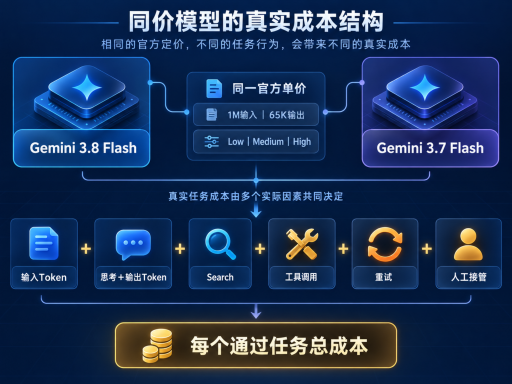 Gemini 3.8与3.7 Flash规格价格及真实成本组成对比图