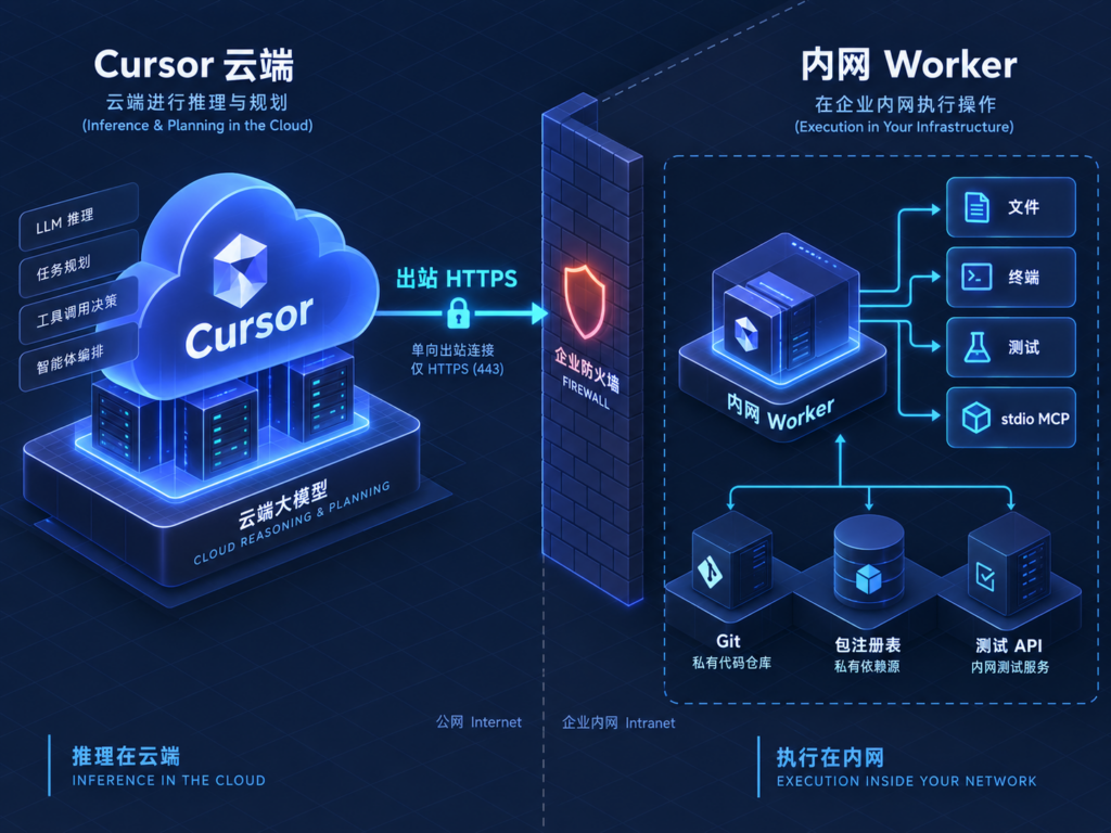 Cursor Self-hosted Machines云端推理与内网Worker混合架构图