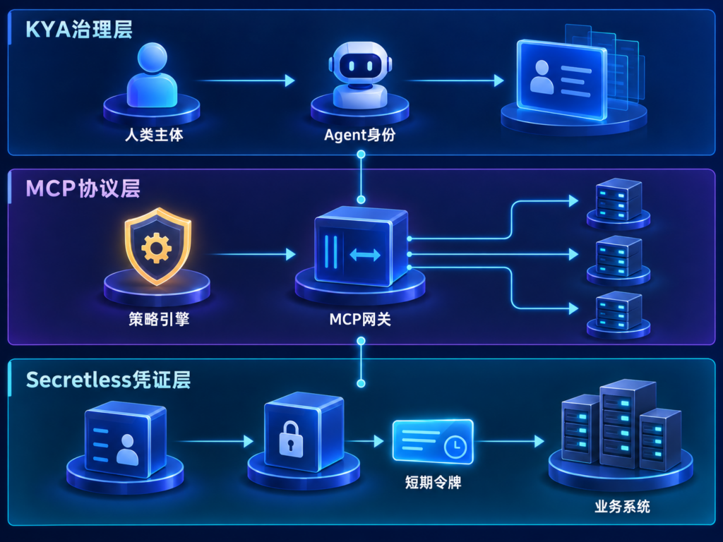 KYA、MCP与Secretless Access三层Agent身份安全架构图