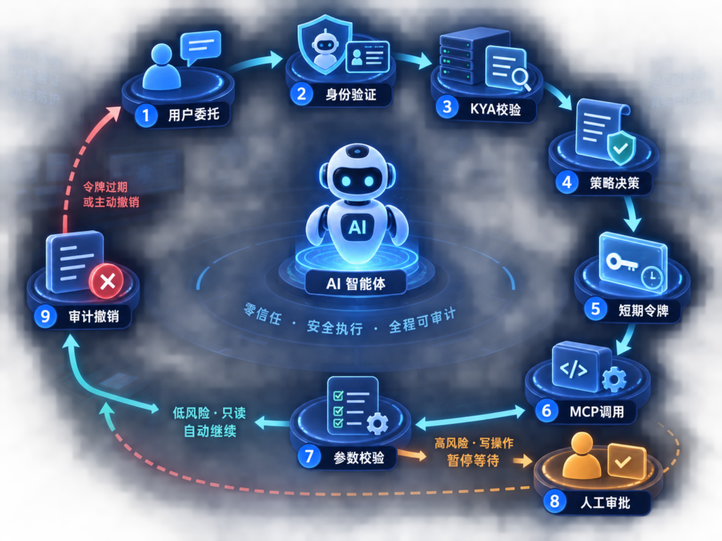 Agent从KYA注册到MCP工具调用与短期凭证撤销的Secretless工作流