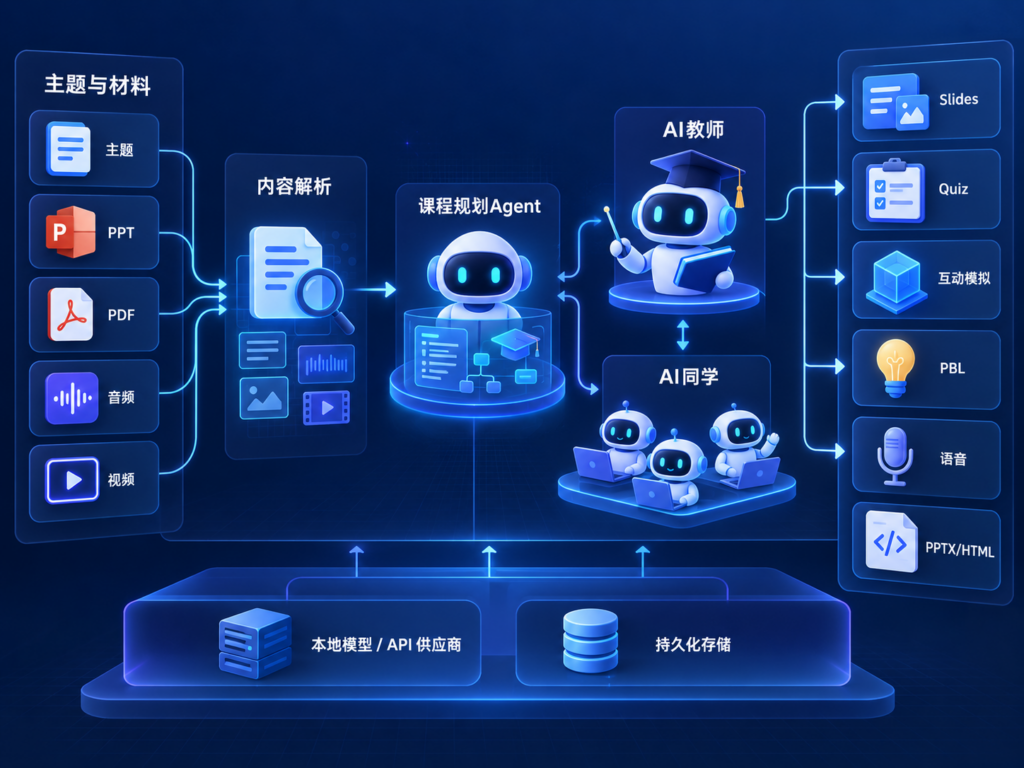 OpenMAIC从培训材料到多智能体互动课堂的完整操作流程图