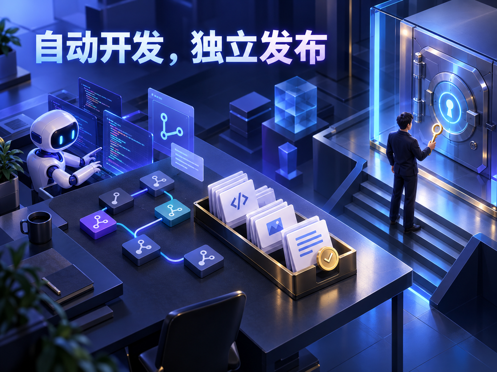 自动开发产物通过隔离验证后由独立人类授权发布的概念插图