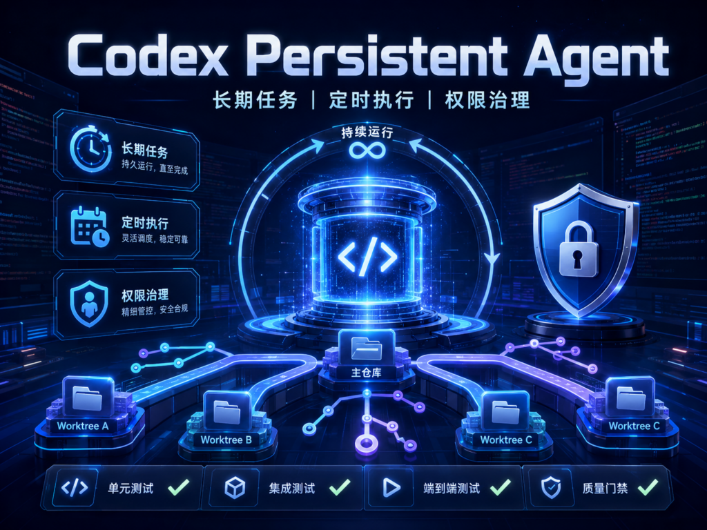 Codex Persistent Agent教程封面，展示Always-on编程智能体、长期任务、代码工作树和权限治理