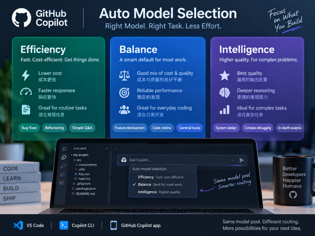 Copilot Auto Model Selection 任务分层工作流图,展示简单任务、日常开发和复杂任务对应三种 Auto tier,并加入测试与人工验收