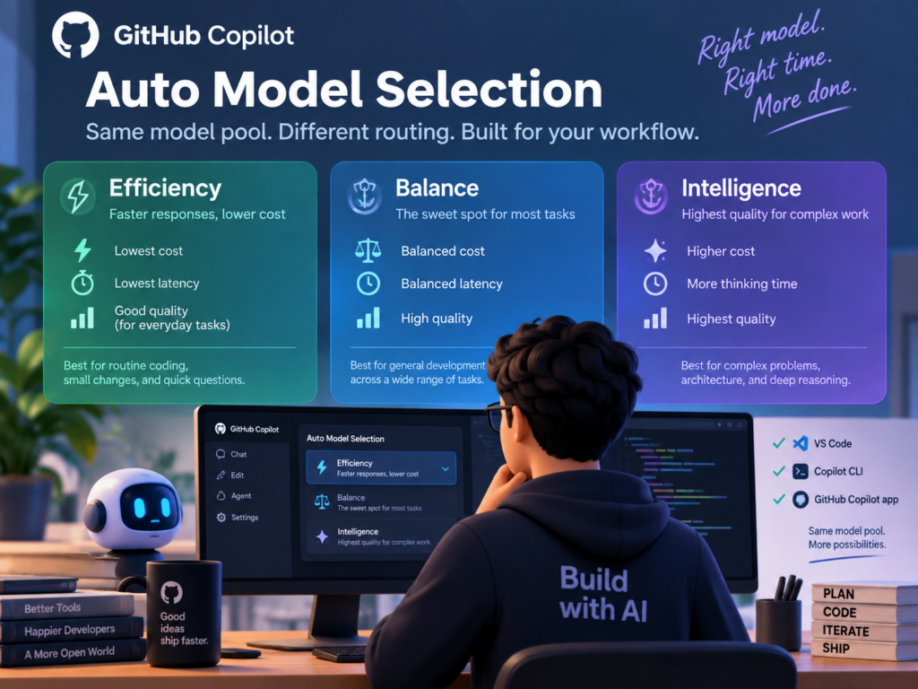 GitHub Copilot Auto Model Selection 三档选型封面，展示 Efficiency、Balance 和 Intelligence 的成本、速度与质量权衡
