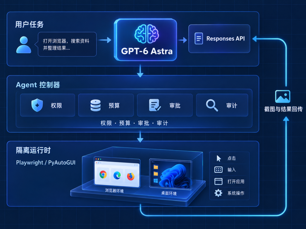 GPT-6 Astra Responses API、Agent 控制器与隔离浏览器运行时架构图