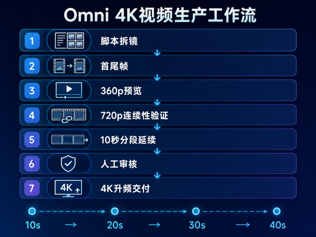 先低清预览和首尾帧检查，再逐段延续、人工审核并输出4K成片。