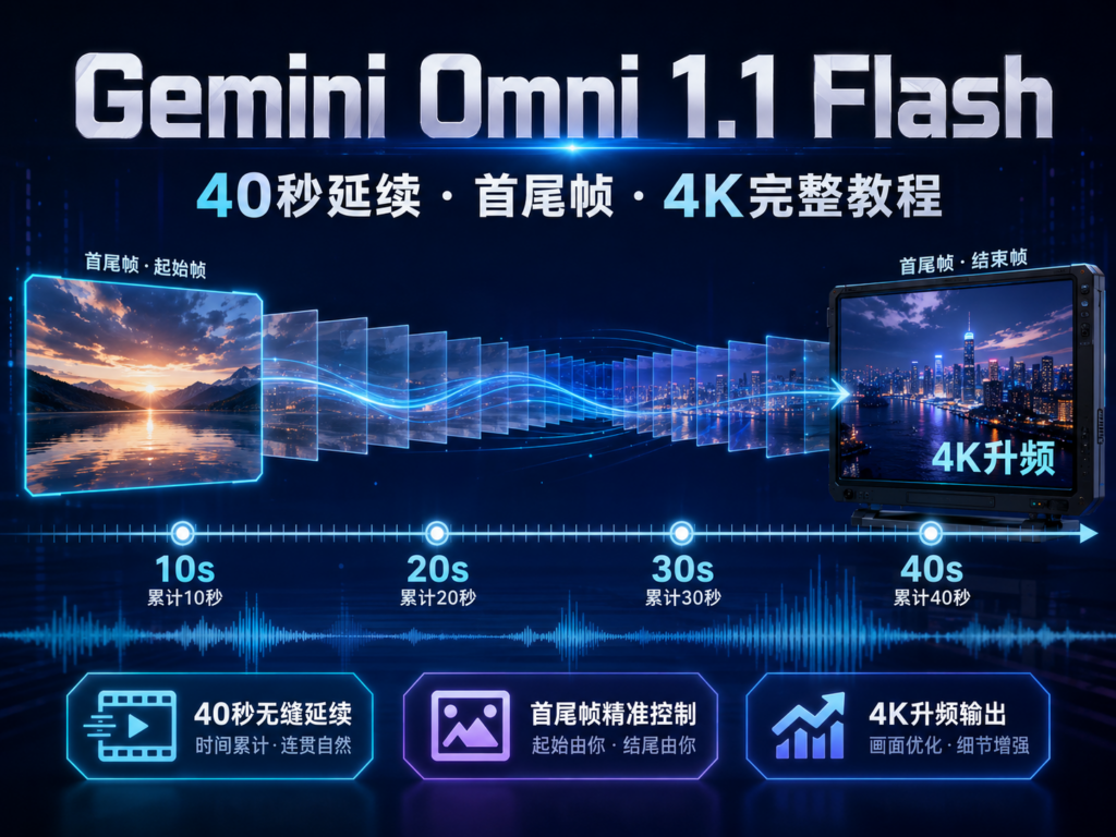 Gemini Omni 1.1 Flash完整教程，展示40秒视频延续、首尾帧和4K输出