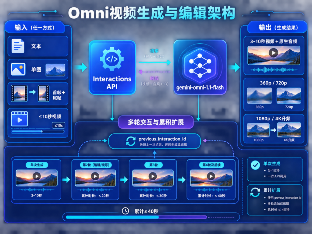 文本、图像、首尾帧和短视频通过Interactions API进入Omni模型并输出多分辨率视频。
