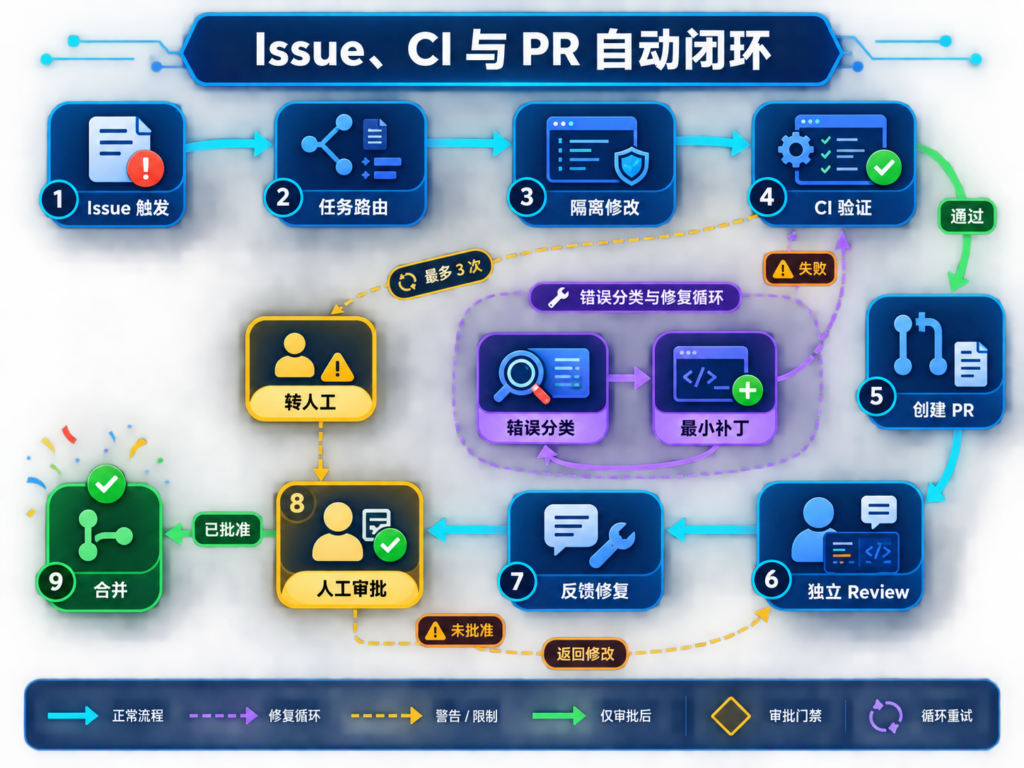 Issue 到 CI 修复和 PR 审批闭环图,展示失败重试、独立审查和人工接管