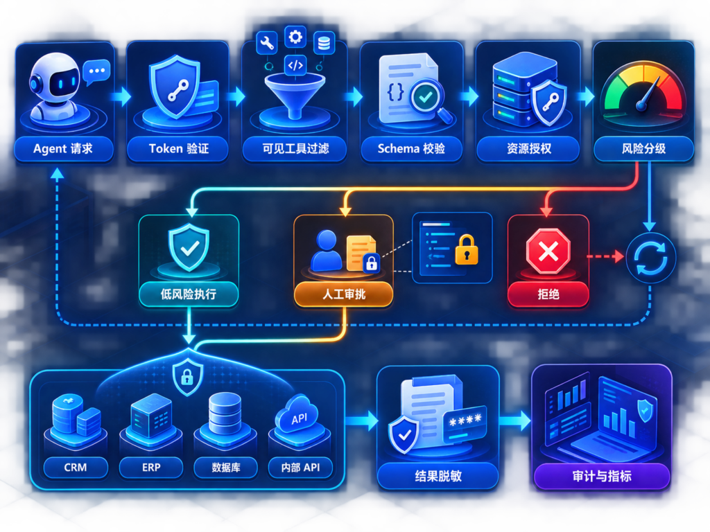 企业MCP Gateway 3.0工具调用治理流程，展示Agent请求、身份验证、工具发现、参数授权、风险分级、人工审批、CRM ERP数据库内部API执行和审计反馈