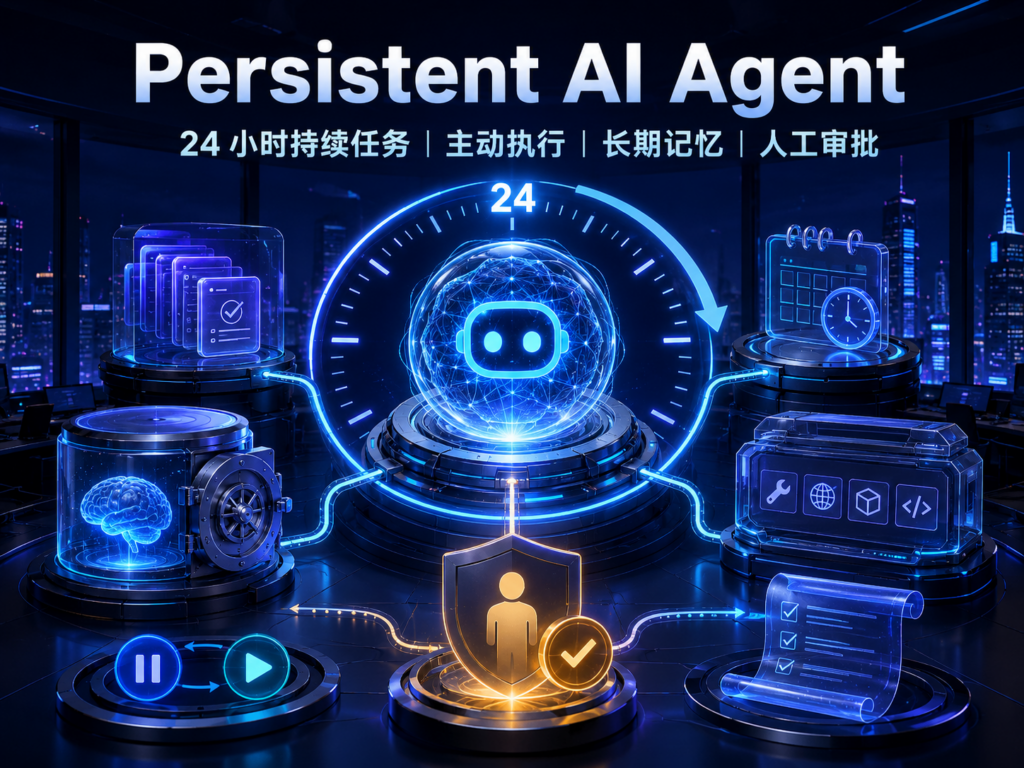 Persistent AI Agent完整项目封面，展示24小时持续任务、主动执行、长期记忆和人工审批