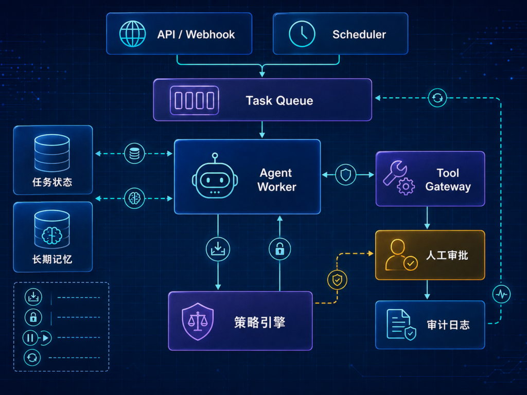 Persistent AI Agent技术架构，展示API网关、调度器、任务队列、Agent Worker、长期记忆、工具网关、人工审批和审计日志