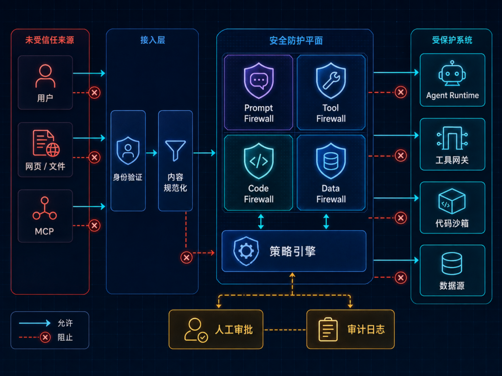 AI Agent Semantic Firewall技术架构,展示Prompt、Tool、Code、Data四层实时安全网关以及策略引擎、人工审批和审计日志