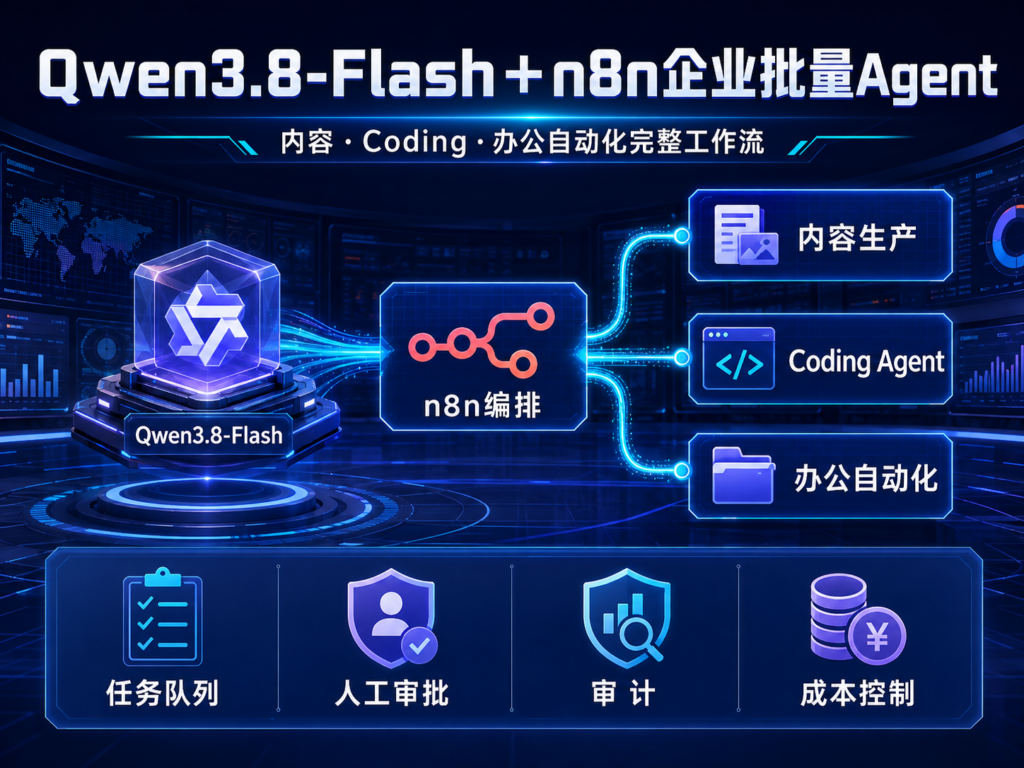 Qwen3.8-Flash通过n8n连接内容、Coding和办公三类企业自动化流程。
