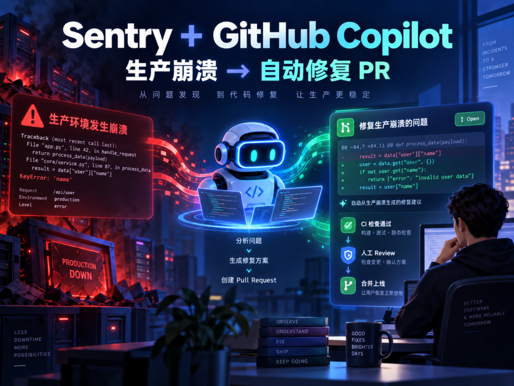 Sentry 与 GitHub Copilot 从生产崩溃自动生成修复 PR 的文章封面