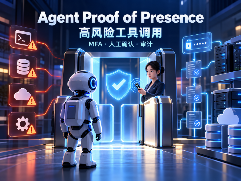 Agent Proof of Presence 科技封面，展示高风险工具、MFA、人工确认和审计安全闸门