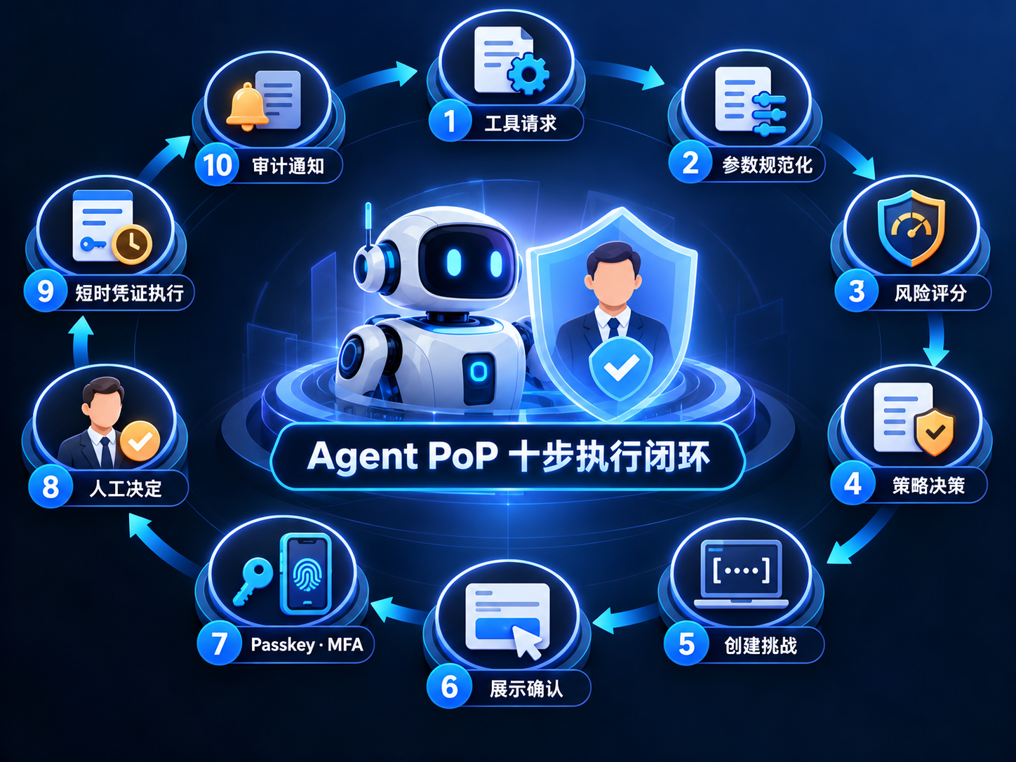 Agent Proof of Presence 十步执行闭环，从工具请求、风险判定、MFA 和人工确认到短时授权、执行及审计