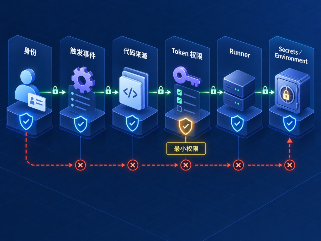 AI Coding Agent、GitHub 事件、工作流权限、Runner 与部署环境的安全分层架构图