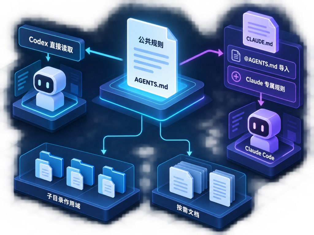 AGENTS.md 与 CLAUDE.md 双入口共用指令架构图