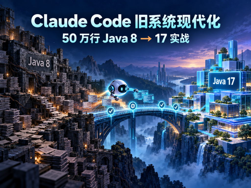 Claude Code 协助 50 万行 Java 8 旧系统升级到 Java 17 的现代化迁移示意图