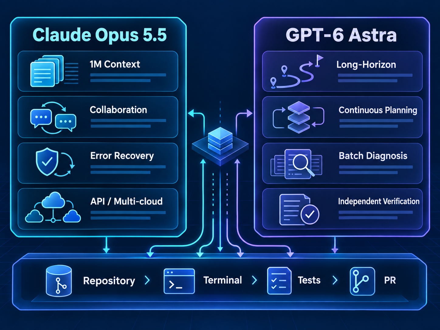 Claude Opus 5.5 与 GPT-6 Astra Coding Agent 能力和成本对比架构图