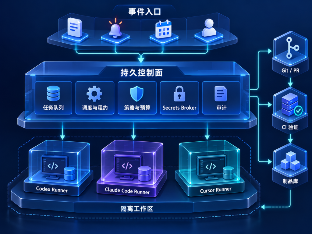 Always-on Coding Agent 持久控制面与临时执行面架构图