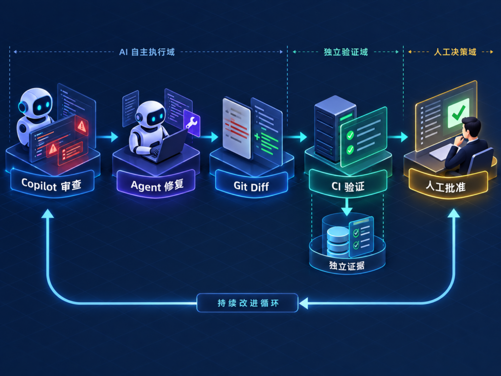  Copilot Code Review、修复Agent、CI测试和人工审查组成的持续验证架构图