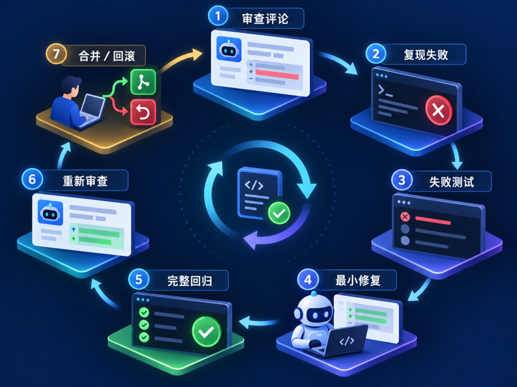 从Copilot审查评论到失败测试、Agent最小修复、重新审查和人工合并的闭环流程图