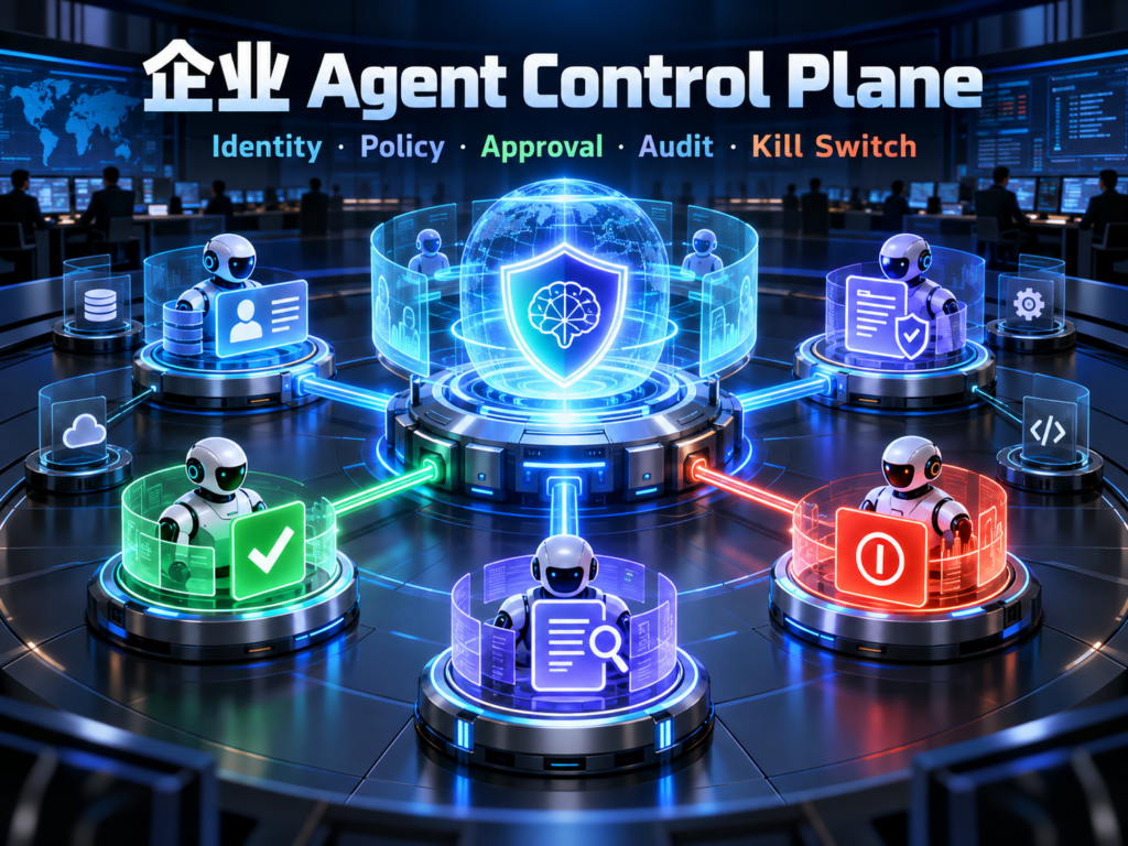 企业 Agent Control Plane 控制中心，展示 Identity、Policy、Approval、Audit 与 Kill Switch