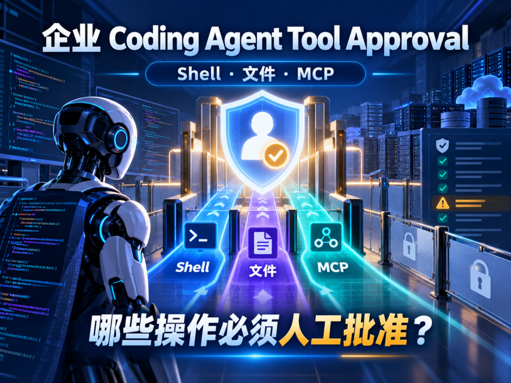 企业 Coding Agent Tool Approval 科技封面，展示 Shell、文件、MCP 与人工审批安全闸门