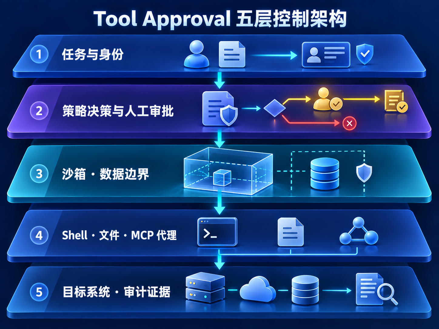 企业 Coding Agent Tool Approval 五层控制架构，包含身份、策略、沙箱、工具代理与审计证据