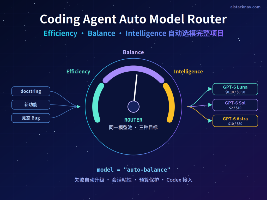 Coding Agent Auto Model Router 封面，三档模式旋钮 Efficiency、Balance、Intelligence 连接 GPT-6 Luna、Sol、Astra